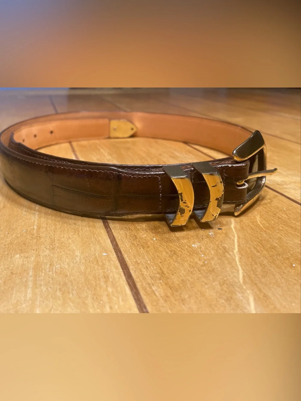 Onyx by Brighton Men’s Brown Leather Croc Embossed Belt with Gold-Tone Buckle 38